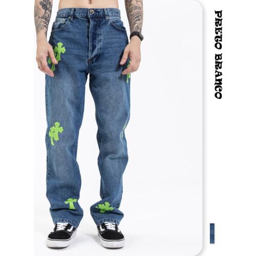 PRETO BRANCO New Green Applique Cross Jeans for Men 2021 Blue Jeans Homme Loose Boot-cut Hearts Pants Moto Trouse