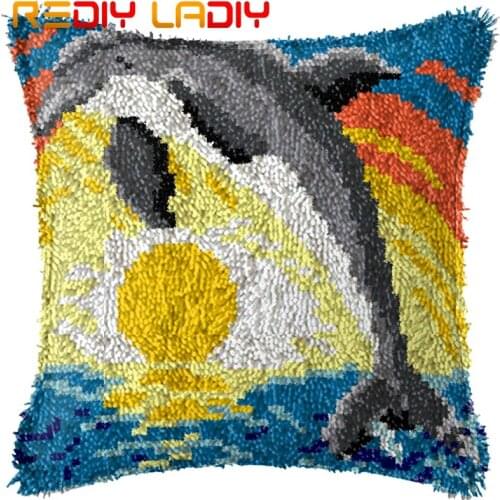 Latch Hook Kit Make Your Own Cushion Dolphin Sunset Acrylic Yarn Crochet Pillow Case Set Latch Hook Cushion Cover Hobby & Crafts