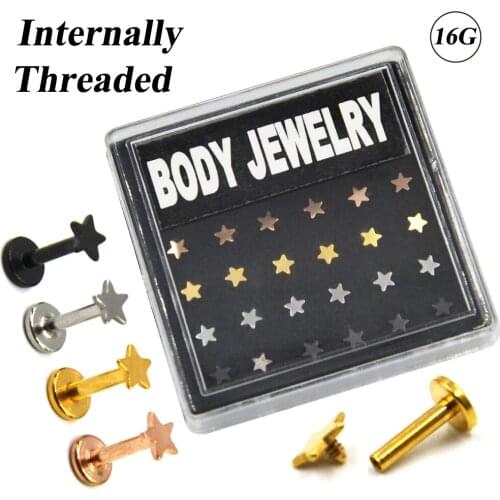 24-Pieces Labret Stud Cartilage Tragus Set 6mm or 8mm Earrings Barbell Kit 16G (1.2mm) Internally Threaded Star Lip Ring Helix