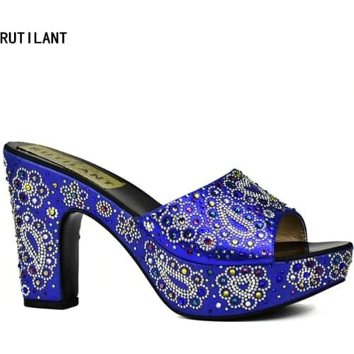 Latest Royal Blue Ladies Shoes Decorated with Rhinestone African Party Shoes for Women Nigerian Women Shoes Italian Women Shoes