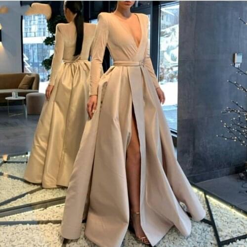 New Arrival Long sleeve evening dress 2020 Ivory Dubai Arabic Formal dress Party abendkleider Sexy evening dresses Long