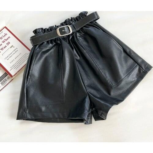 Autumn Winter Womens Trousers Korean Solid Color Elastic Waist Casual Pants New Slim Wide-leg Leather Short Pants LL519