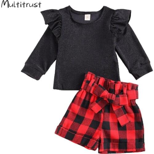 1-5Years Toddler Kids Baby Girls Autumn Xmas Clothes Sets Children Girls Ruffles Pullover T Shirts Tops +Plaid Print Bow Shorts