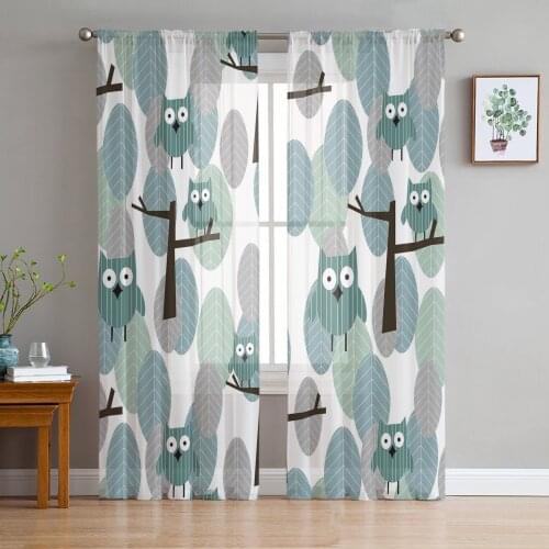 Leaves Tree Trunk Owl Sheer Curtains for Windows Tulle Curtains for Living Room Bedroom Children Room Decor