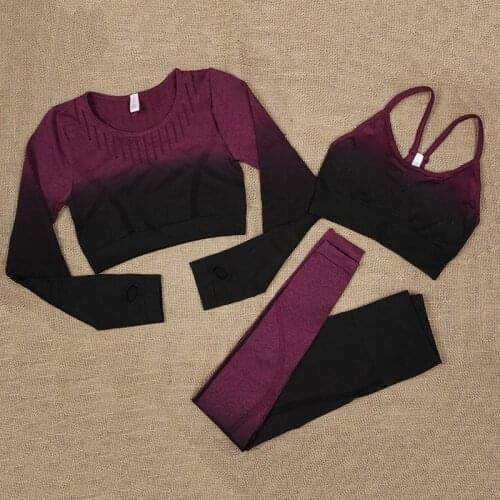 ATHVOTAR Gradient Sport Set Gym Clothing for Women Long Sleeve Crop Top Yoga Bra High Waist Leggings Fitness Clothing Sportswear