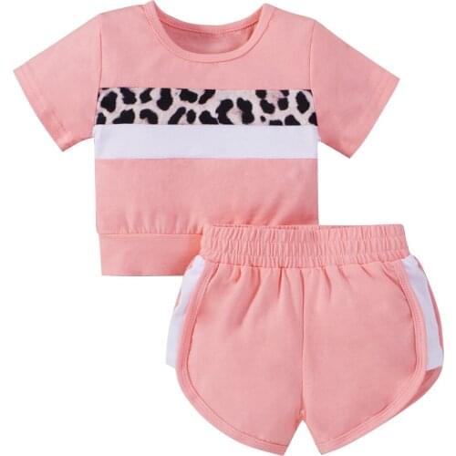 Children’s Kids Girls Clothes Two Pieces Set Short-sleeve Leopard Stitching Round Neck Tops and Short Pants Summer Set 0-3Years