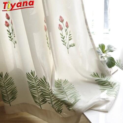 Nordic Embroidered Green Leaves Plant Curtain Tulle for Living Room Semi Blackout Coth Curtain Bedroom Pink Floral Tulle #30