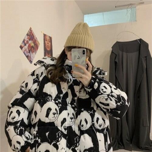 Herstory Korean Winter New Jacket Loose Cartoon Cow Panda Parkas Thick Bread Jacket Female Ins Harajuku Bf Student Cotton Jacket