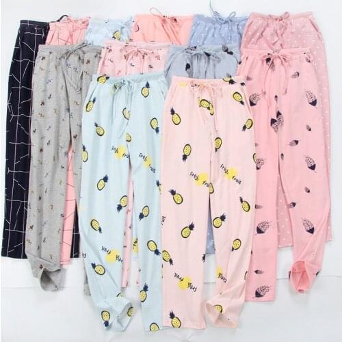 Womens Cartoon Sleep Pants Knitted Trousers 100% Cotton Household Lounge Night Pants Lounge Comfortable Thin Pajamas Bottom