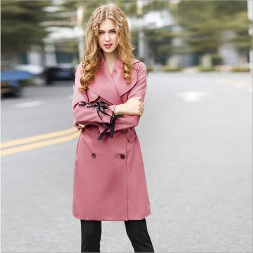 Pink White Spring Autumn Casual Women Outerwear Double Breasted Big Turn-Down Collar Medium Overcoat Ladies Sweet OL Belt Coat