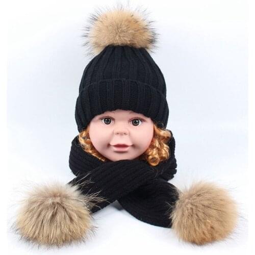 Winter Baby Boy Scarf Knitted Raccoon Fur Toddler Gilrs Hat Warm Children Clothes Windproof Kids Snow Wear Cute Child Clothing