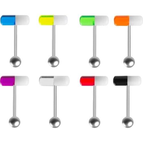 10PCS Acrylic Pill Tongue Piercing Rings Surgical Steel Stud Barbell Tongue Rings Barbell Punk Women Body Piercing Jewelry 14G