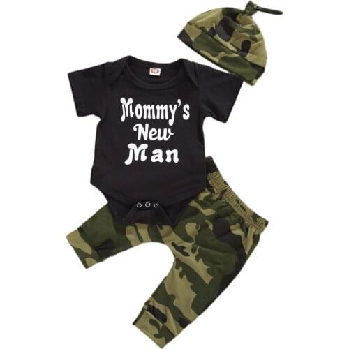2020 Summer Toddler Baby Boys Round Collar Short Sleeve Letter Print Romper + Camouflage Pants + Hat Set 0-12M Newborn Clothing