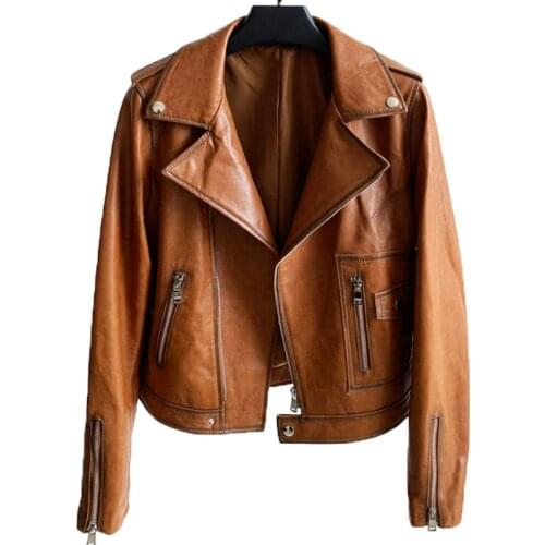 2021 Leather Leather Jacket Womens Sheepskin Short Section Slimming Motorcycle Leather Jacket Oil Wax Leather Jacket Tide