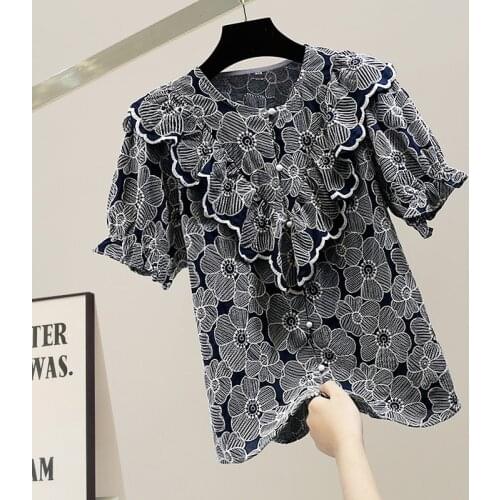 Daisy Flower Embroidered Ruffled Blouse Womans Single-Breasted Short Sleeve Shirt Fashion Design Temperament Lady Chic Top