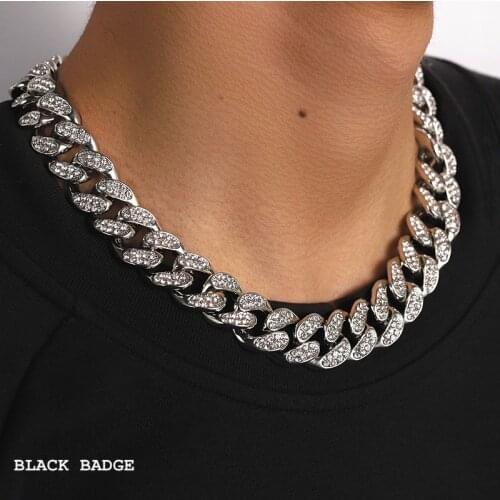 Iced Out Chain Bling Prong Miami Cuban Link Chains 18mm Necklaces Full Crystal Rhinestones Hip Hop Necklace For Men Jewelry