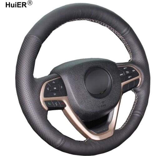 HuiER Hand Sew Car Steering Wheel Cover Breathable Black Leather For Jeep Grand Cherokee 2014-2016 Wear-resistant Car Styling