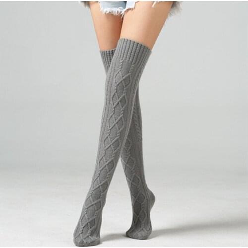 Warm Long Stocking Warm Over the Knee Warmer for Legs Diamond Twist Knitted Gray White Black Khaki Stockings