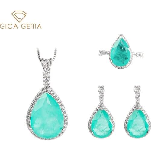GICA GEMA Water Drop Paraiba Jewelry Set For Women 925 Sterling Silver Pendant Ring Gemstone Anniversary Engagement Fine Jewelry