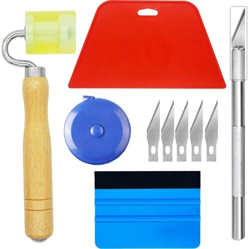 Wallpaper smoothing tool with plastic scraper, hand sewing roller, tape measure and trimmer, suitable for wallpaper and window f