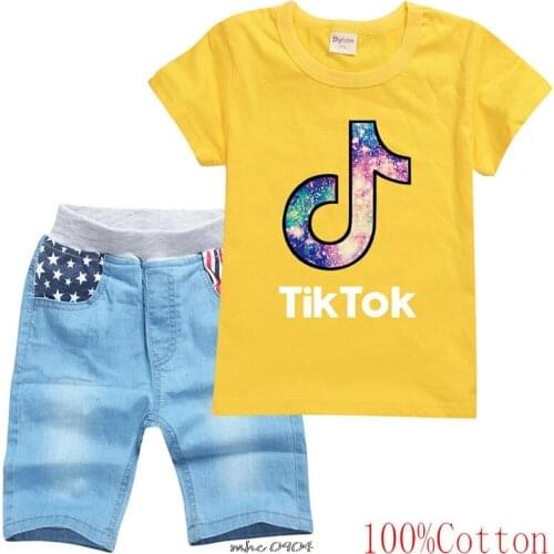 Tik Tok Boys Clothes Set Summer Kids Pants Baby T Shirt Cartoon Denim Shorts Boys Girls Outfit Sport Suit Children Clothing Sets