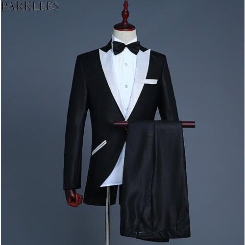 Fashion Black White Tailcoat Tuxedo Wedding Grooms Suits (Jacket+Pants) Men Party Prom Stage Singers Costume Terno Masculino XXL