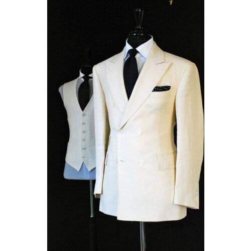 White Linen Double Breasted Men Suits For Wedding 3 Pieces(Jacket+Pants+Vest) Custom Made Prom Groom Party Wear Men Suit Tuxedo