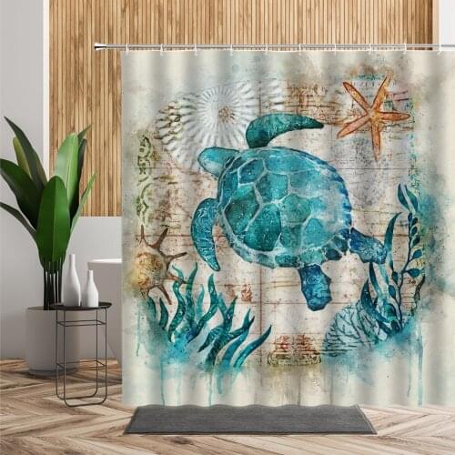 Nordic Style Shower Curtain Set Sea Turtle Pattern Bath Decors Accessories Waterproof Wall Covering Bathroom Curtains With Hooks