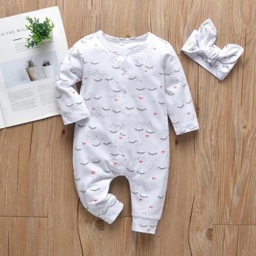 Newborn Baby Girls Clothes 2Pcs Set Cute Cotton Long Sleeve Eyelashes Print Jumpsuit and Headband Infant Toddler Clothing