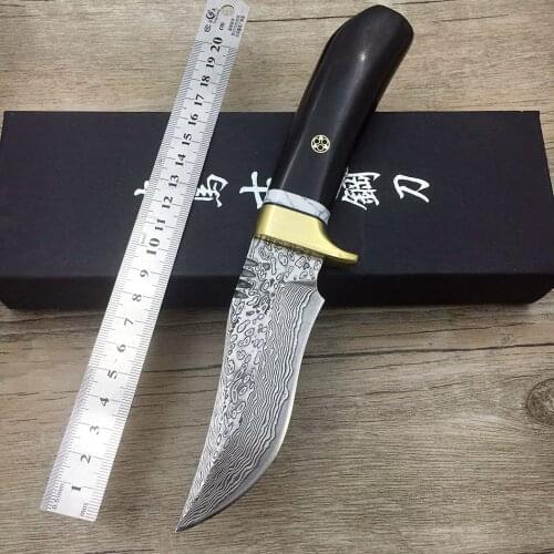 Handmade forged Damascus Steel hunting knife fixed knife ebony handle with Leather sheath