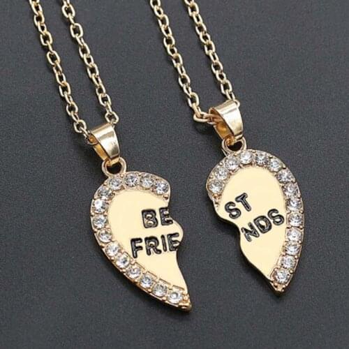 Unisex 2 Pcs BFF Necklace Women Crystal Heart Pendant Best Friend Letter Necklace Fashion Couple Necklace Men Friendship Jewelry