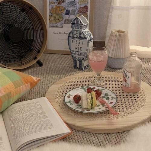 Nordic Retro Hand-Woven Rattan Decoration Round Plate Ornaments Storage Tray With Handle Bread Fruit Food Breakfast Display