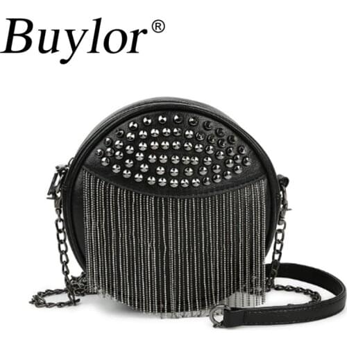 Buylor Black Round Shoulder Bags for Women 2021 Soft Leather Chains Tassel Rivet Crossbody Small Cluth Messenger Bag