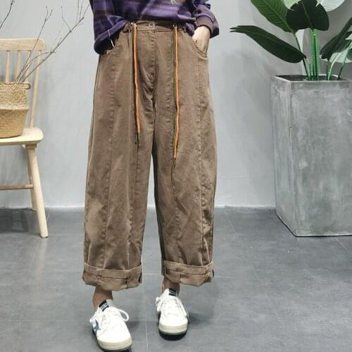 2021 Autumn New Pants Women Retro Casual Loose Trousers Ladies Button Drawstring Wide Leg Pants