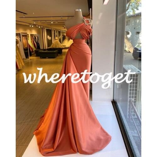 Elegant Coral Satin Formal Evening Dresses 2021 Sexy One Shoulder Vestidos De Novia Plus Size Arabic Women Prom Gowns
