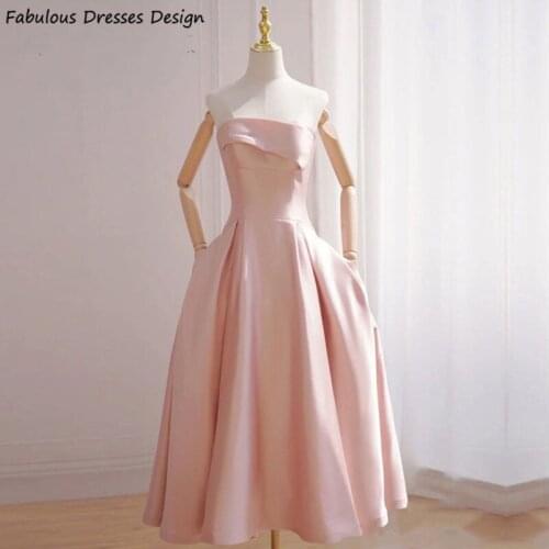 Pink Tea Length Bridesmaid Dresses Sexy Strapless Backless Pocket A Line Bridal Party Dress For Women Short Prom Gown