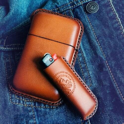 Retro Leather Cowhide Cigarette Case Lighter Sets Handmade 10 Sticks Smokes Tools Portable Stroge Box Men Gifts Customizable