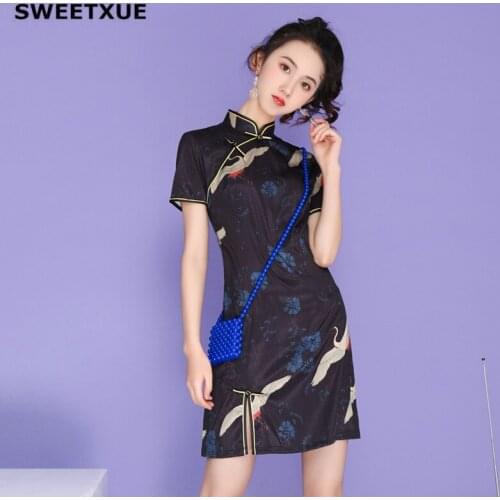 SWEETXUE 2020 Black Cheongsam Female Elegant Chinese Style New Printed Mini Dress Womens