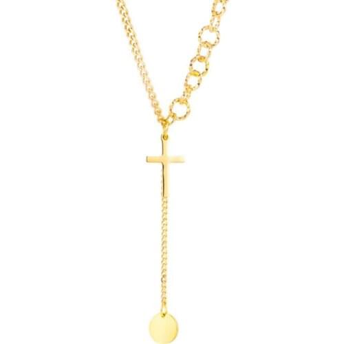Stainless Steel Gold Cross Round Tag Long Chain Pendant Necklace Jewelry Gift For Him Women Ladies Jewellery