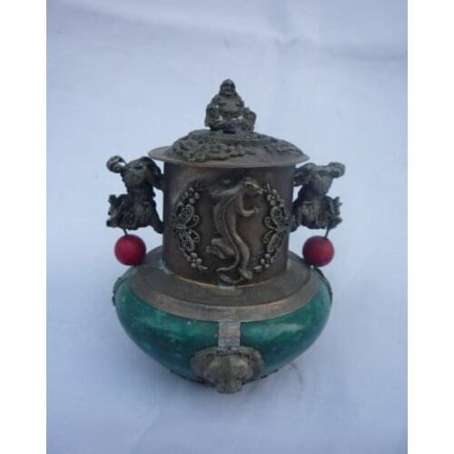 Collectable Old silver&jade Incense Stove\Censer,best collection &Decoration,Free Shipping