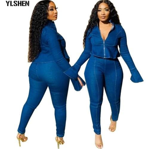 Two Piece Set African Clothes Africa 2021 Dashiki Fashion Flare Sleeve Denim Suit Top And Pants Elastic Party Plus Size Clothing