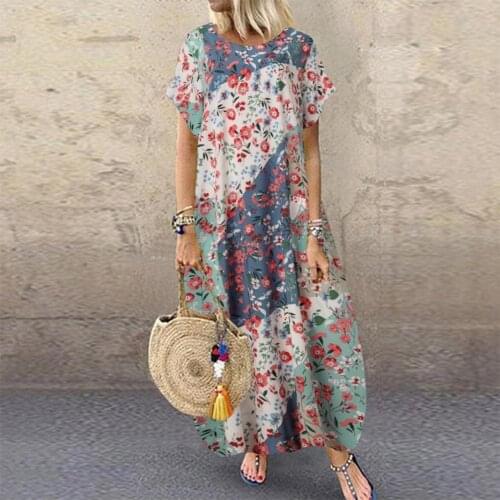 Fashion Summer Maxi Dress Womens Printed Sundress Casual Short Sleeve Vestidos Female High Waist Robe Femme Plus Size
