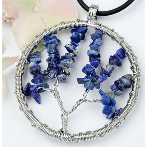 Trendy-beads Silver Plated Lapis Lazuli Stone Wire Wrapped Tree of Life Round Pendant Fashion Jewelry