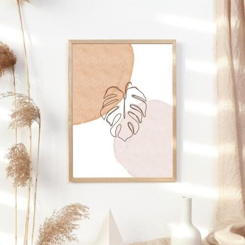 Monstera Leaf Plants Pink Beige Boho Style Canvas Painting Abstract Line Art Print Nordic Poster Wall Pictures Living Room Decor