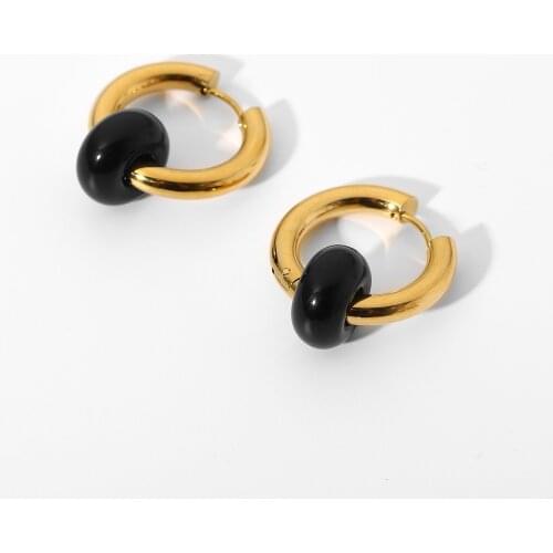 2021 New Arrival 18k Gold Plated Stainless Steel Party Jewelry Black Stone Pendant Huggie Earrings For Women