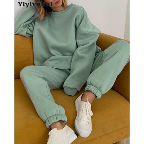 Yiyiyouni Autumn Winter Warm Fleece Two Pieces Tracksuits Women Casual Sweatshirt and Pants Matching Set Female Loose Sweatpants