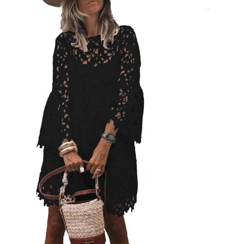 Autumn 1 Set Dress Women Elegant Solid Color Cover-Up Set Lace Flare Sleeve See Through Hollow Out Oversize Dresses Party