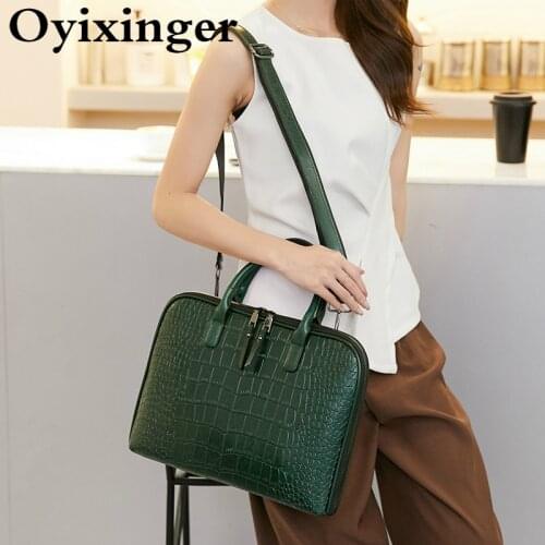 OYIXINGER Womens Luxury Office Laptop Briefcase For 13" 14" Hp Dell Genuine Leather Laptop Bag Crocodile Pattern Female Handbag