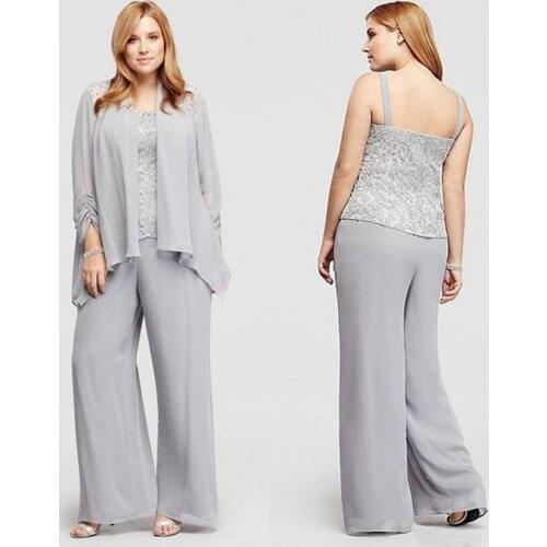 Plus Size Mother Of The Bride Dresses 2019 Pant Suits Lace Top Chiffon Jacket Silver Custom Made vestido de madrinha