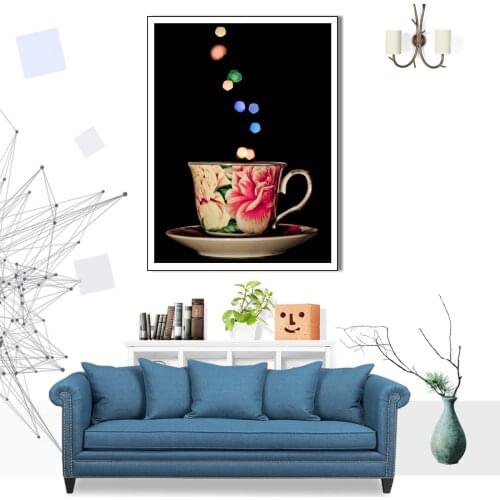 Canvas Poster Print Teacup Drink Flower Bokeh Poster Canvas Print Painting Wall Art Living Room Home Decoration